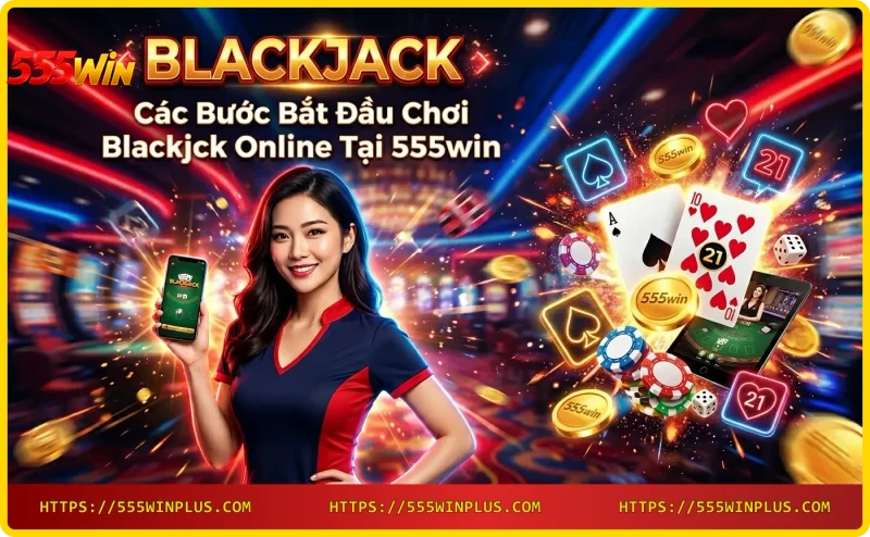 Điện thoại hiển thị giao diện Blackjack online, tay chạm màn hình, chip vàng