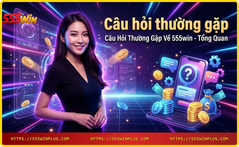Máy tính xách tay hiển thị giao diện FAQ với logo 555win, tiền vàng và kính lúp xung quanh, nền neon xanh, thể hiện tổng quan câu hỏi thường gặp