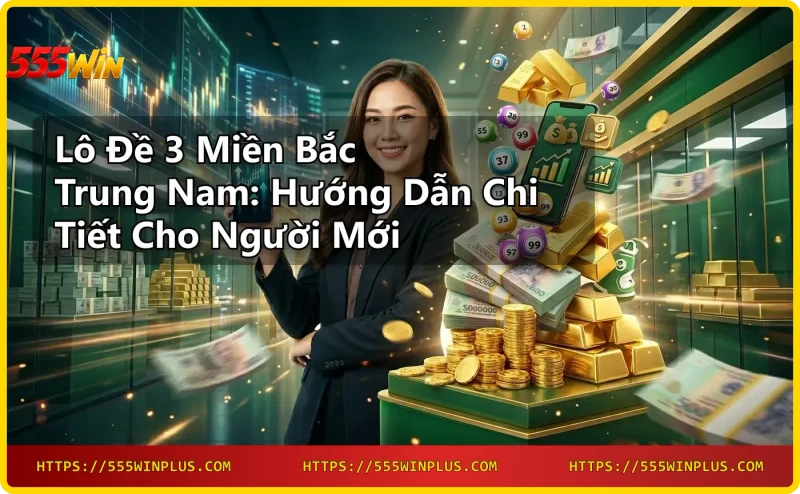 Vé số lô đề 3 miền với biểu tượng giải thưởng khác nhau cho Bắc, Trung, Nam